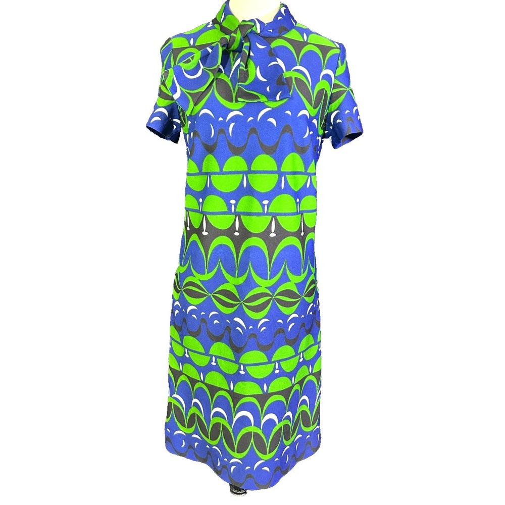 Vintage 60s Mod Shift Dress Blue Green Psychedelic Geometric Tie Neck Retro M - Picture 1 of 6